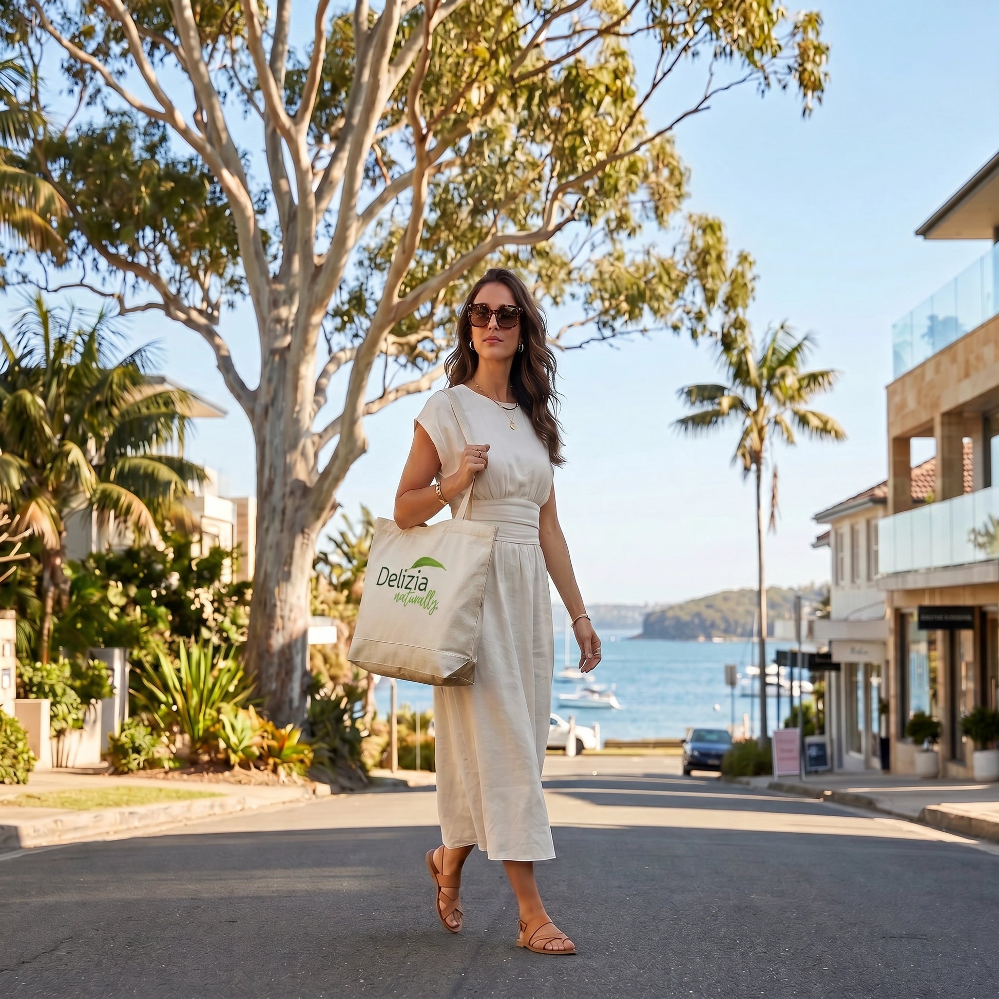Delizia Naturally logo printed on premium canvas tote bag - Lady in beach street in Australia