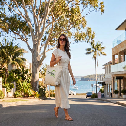 Delizia Naturally logo printed on premium canvas tote bag - Lady in beach street in Australia