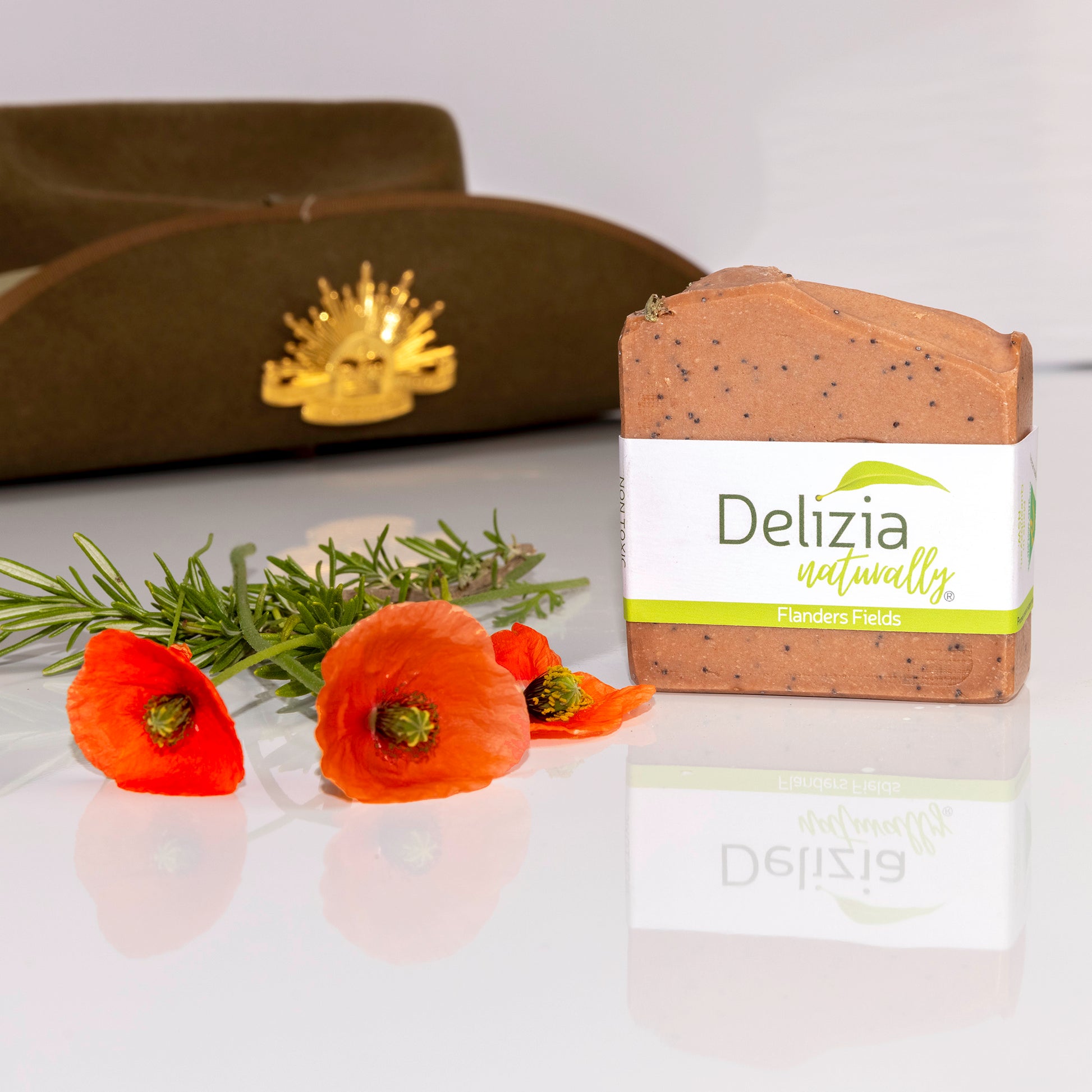 Flanders_Fields_-_Tallow_Soap_-_Delizia_Naturally_with rising sun badge and slouch hat