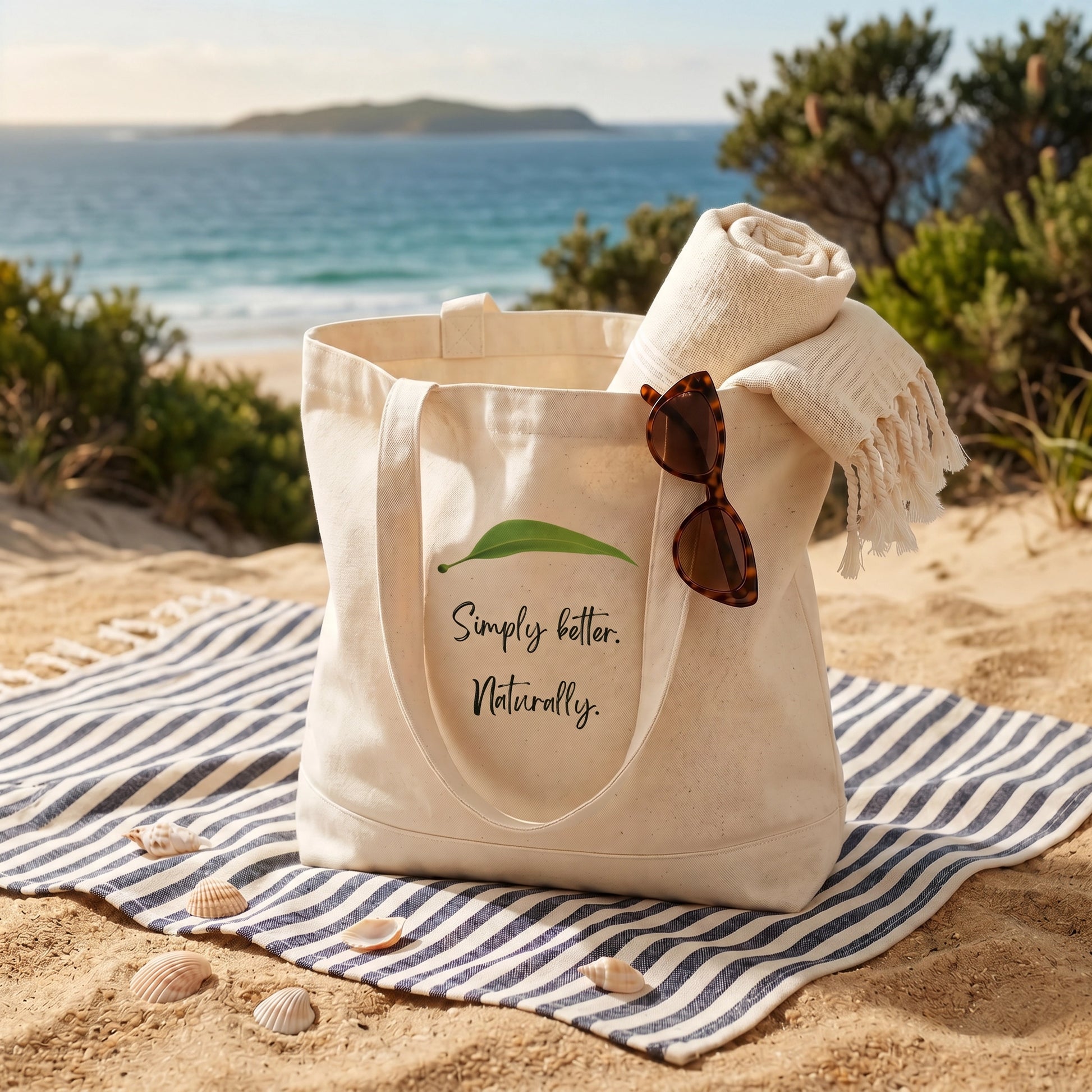 Delizia Naturally natural cotton canvas tote bag at the beach filled with towel and sunglasses