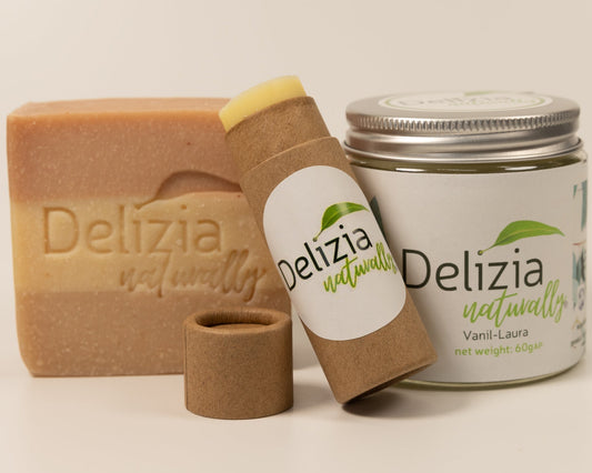 Delizia Naturally Winter Skin Ritual Kit with Neo Faccia face bar, tallow lip balm and Vanil-Laura moisturiser