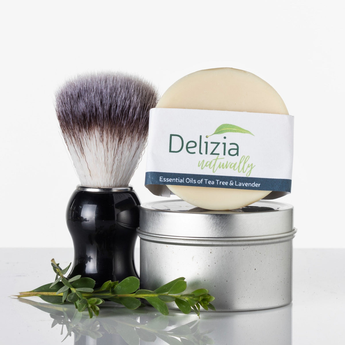 Sharp Shave shaving puck with tin and brush by Delizia Naturally.