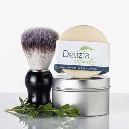 Sharp Shave shaving puck with tin and brush by Delizia Naturally.