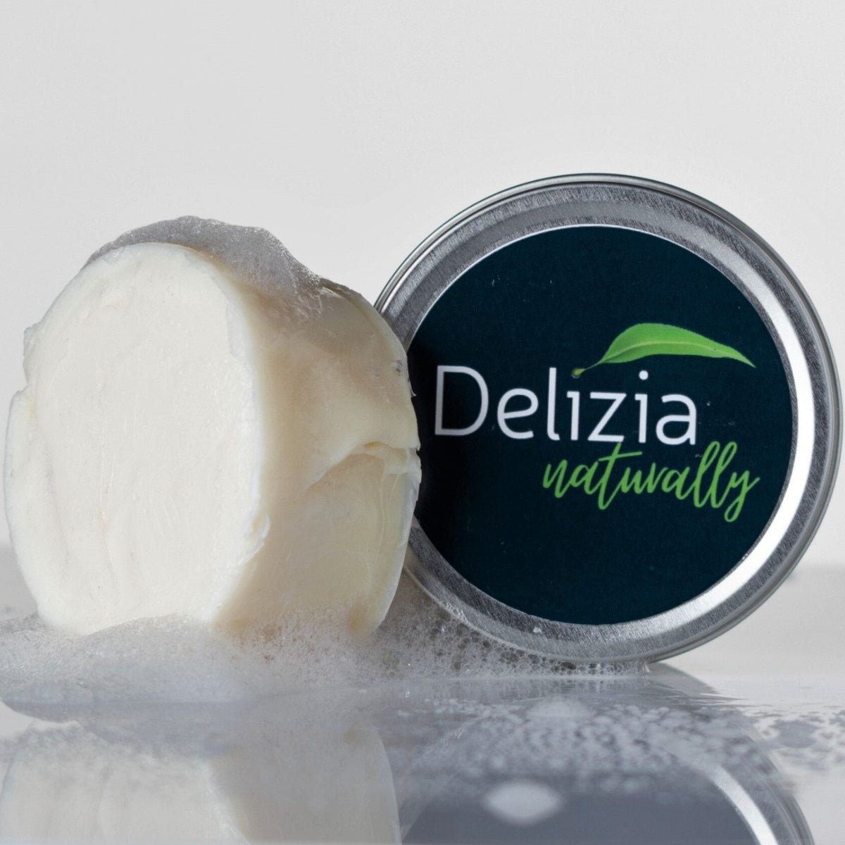 Sharp Shave shaving puck with lather and tin by Delizia Naturally