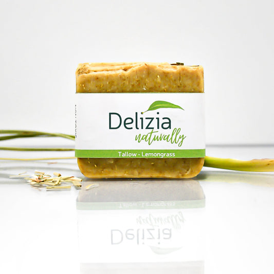 Tallow-soap-lemongrass-soap-beef-tallow-botanicals-essential oils – green-Delizianaturally
