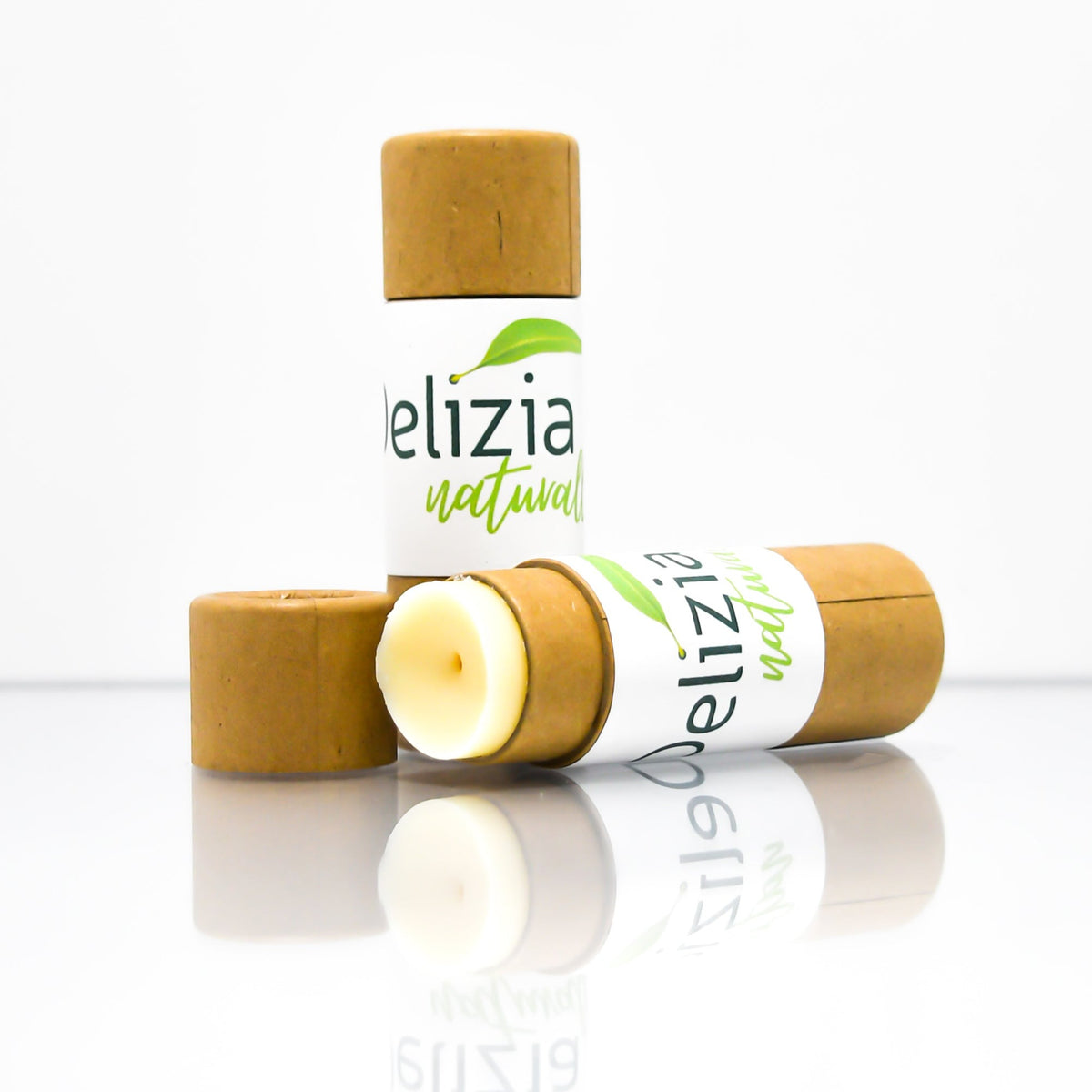 Delizia Naturally tallow lip balm in a cardboard push-up tube
